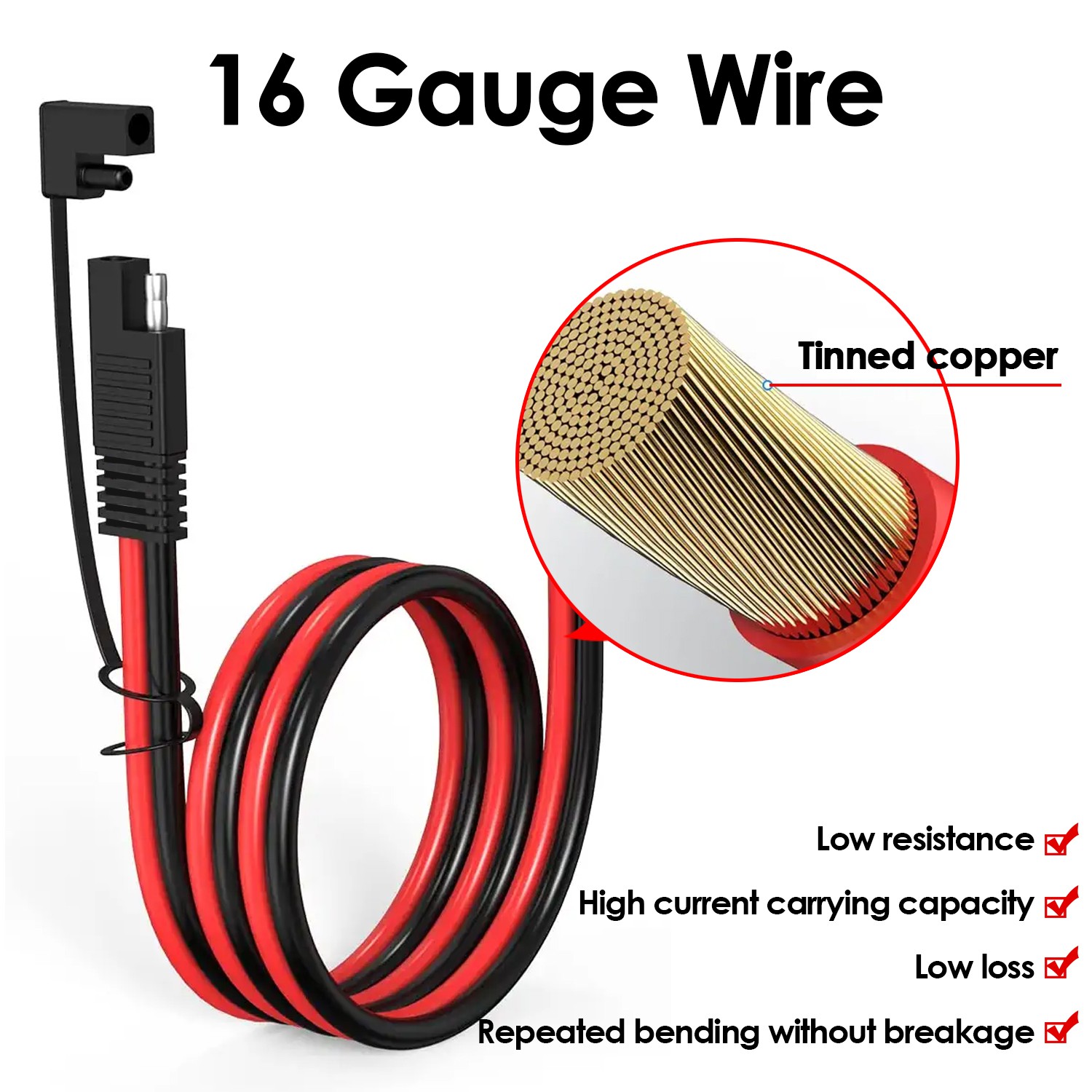 JYFT 16AWG SAE to SAE Extension Cable 3.3FT/1.0m